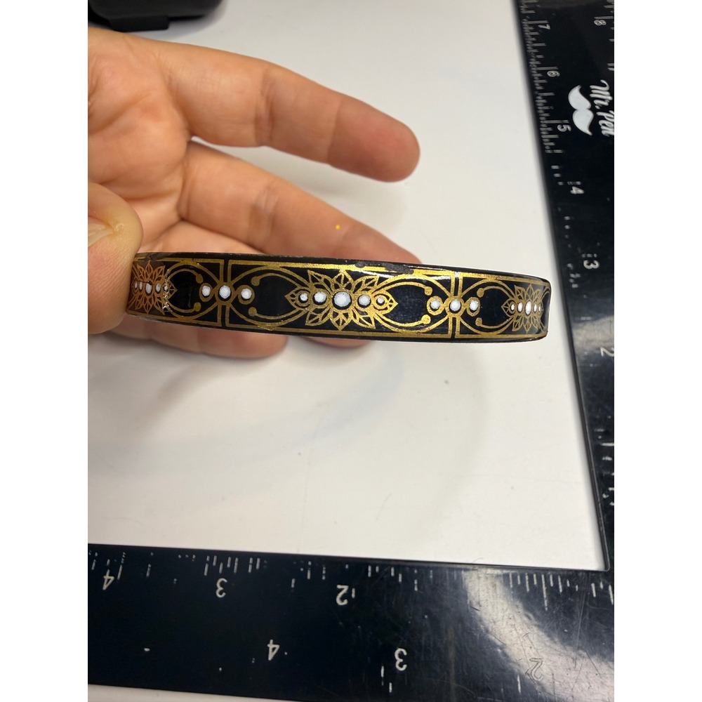 Michaela Frey Enamel Bangle Bracelet Black Gold Floral Geometric 3 Micron Plated